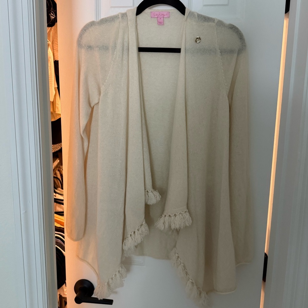 Lilly Pulitzer Cashmere Cream Cardigan with Fringe Detail - M
